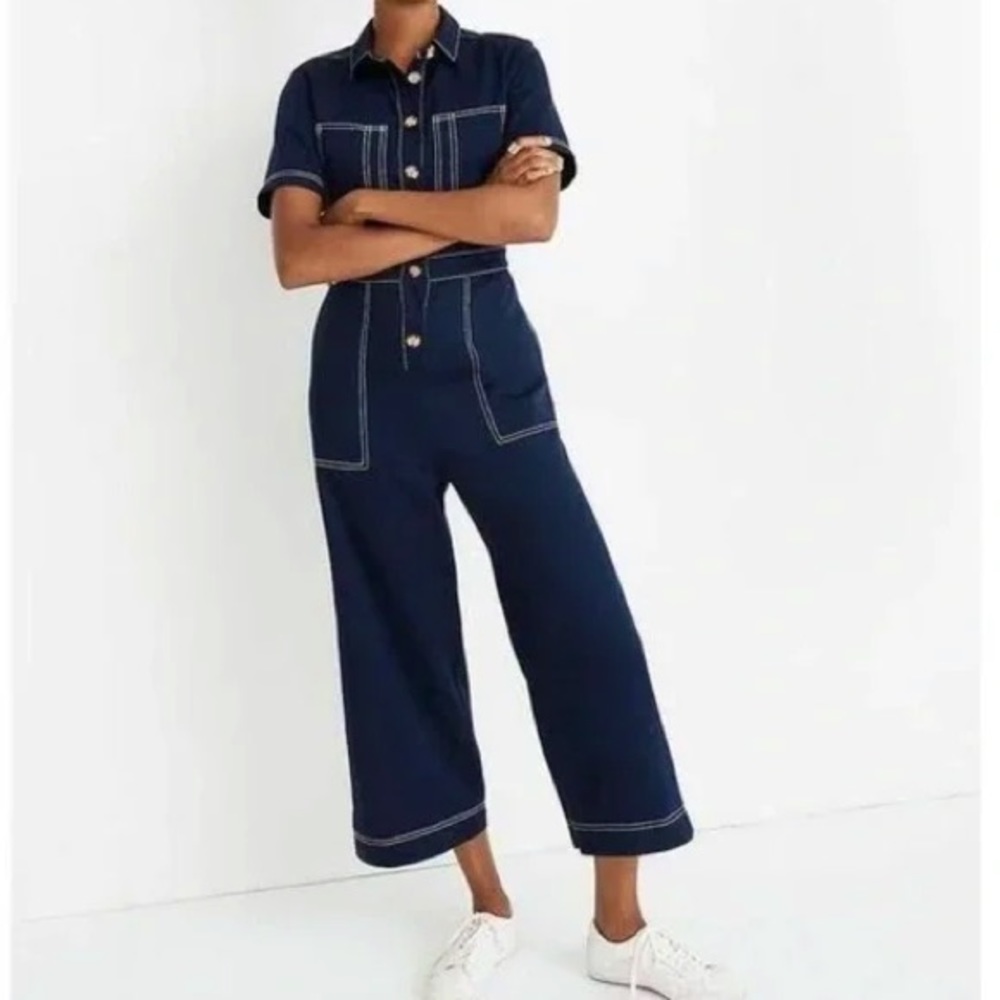 Madewell Jumpsuit - Contrast Stitch Retro Navy Short Sleeve Size 14